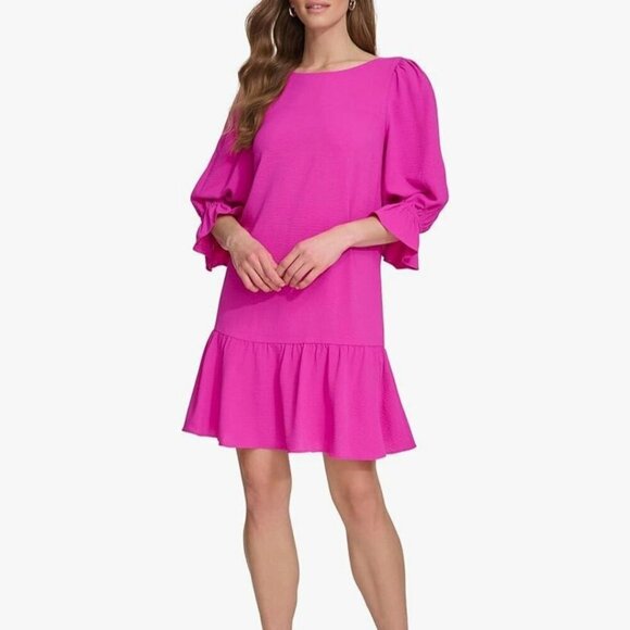 DKNY Hot Pink Sheath Peplum Ruffle 3/4 Balloon Sleeve Dress Size 10 - Picture 1 of 9